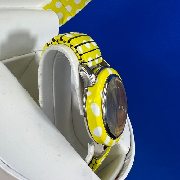 NWT/NIB🤩 |•ISAAC MIZRAH•| Live! Yellow & White Polka Dot Stretch Band Watch - Picture 6 of 12